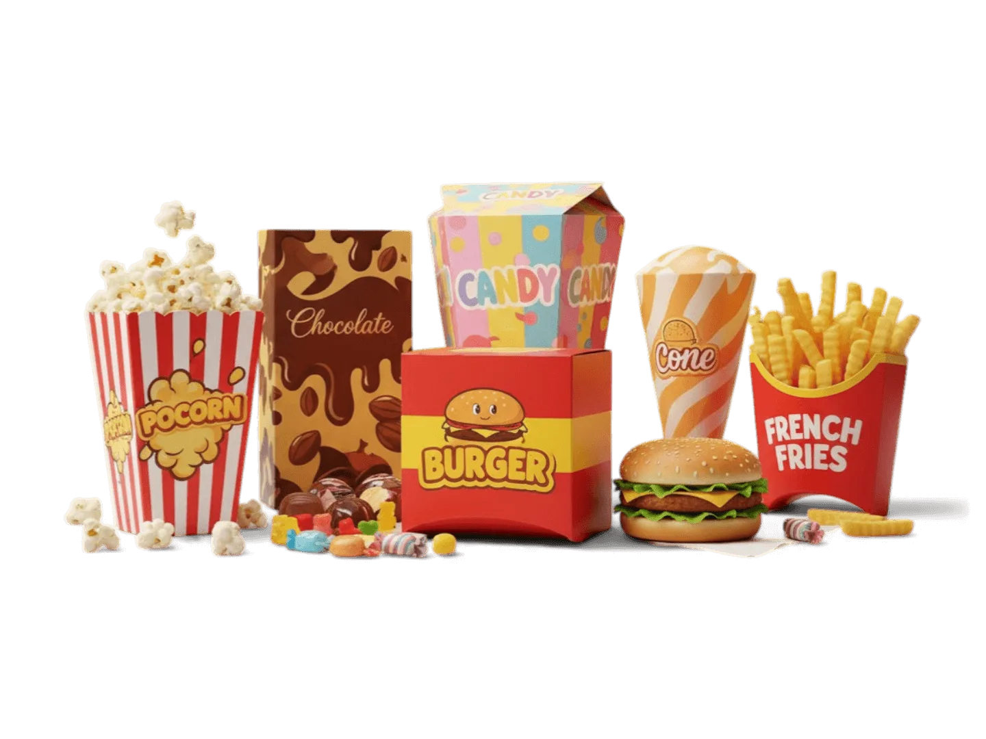 Custom printed burger, popcorn and fries boxes